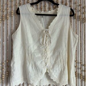 Linen Ivory Cottage Coquette Lagenlook Prairie Lace Up Corset Scalloped Hem Tank